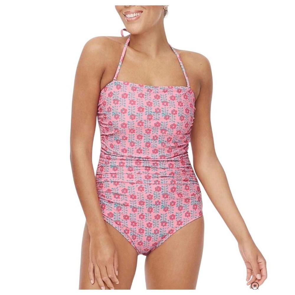 J.Crew NWOT $128 Women's L Pink Green Floral Print Strapless One-Piece Swimsuit